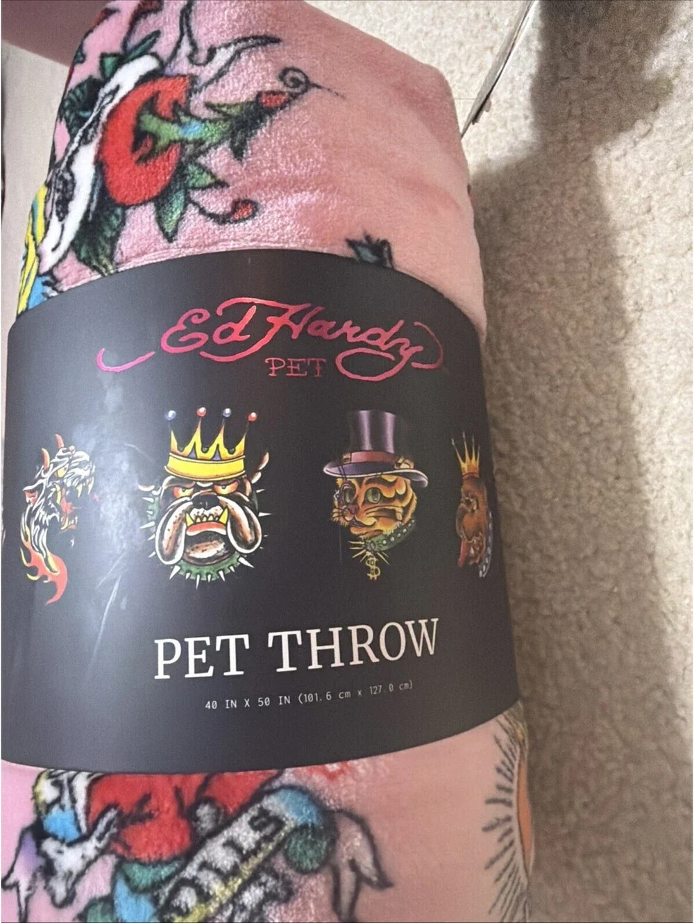 Ed Hardy Pink Dog Blanket Throw Flowers Hearts Brave Hearts Stay True 40x50 NWT